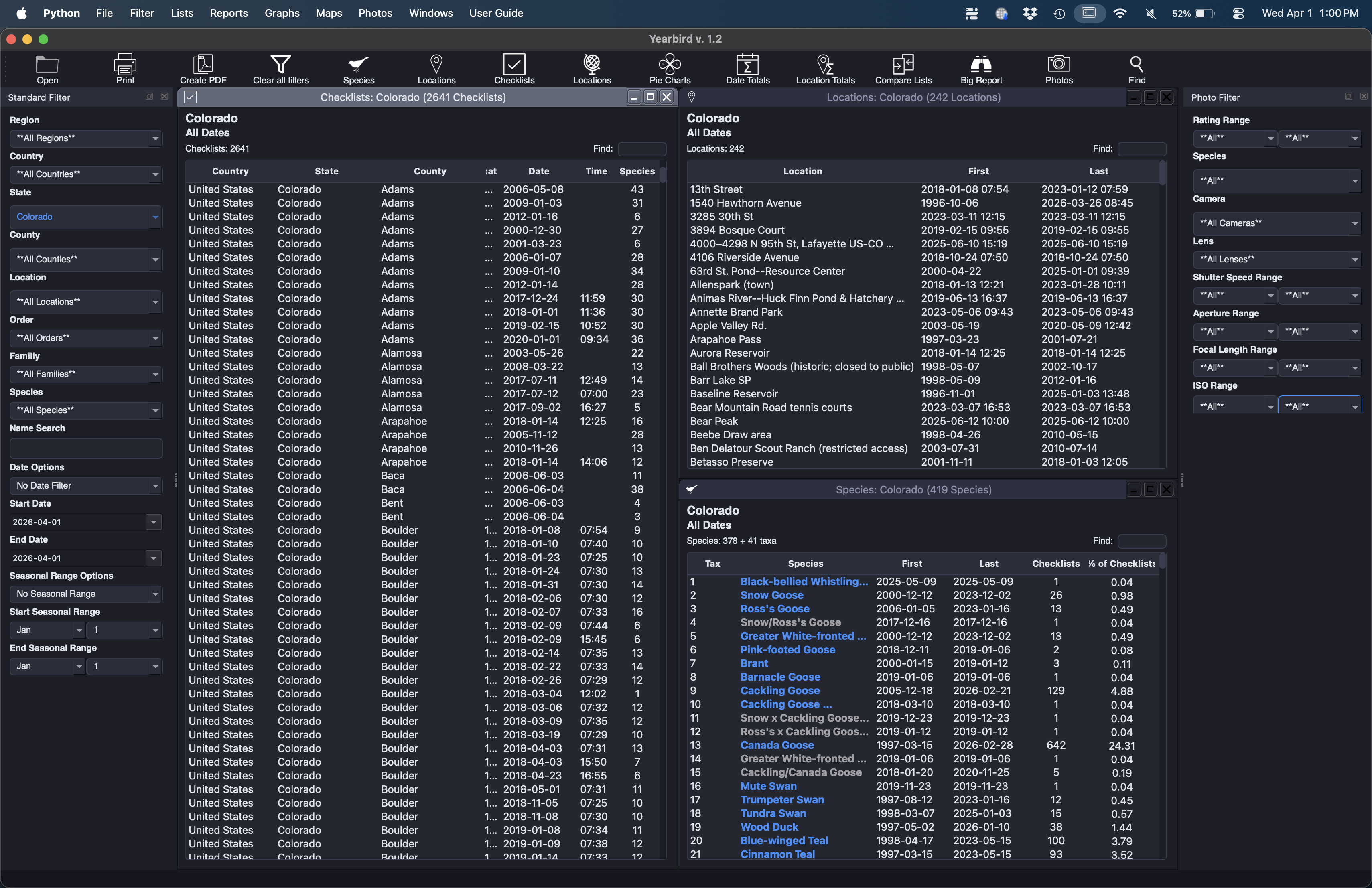Yearbirder species list with sortable columns and media icons