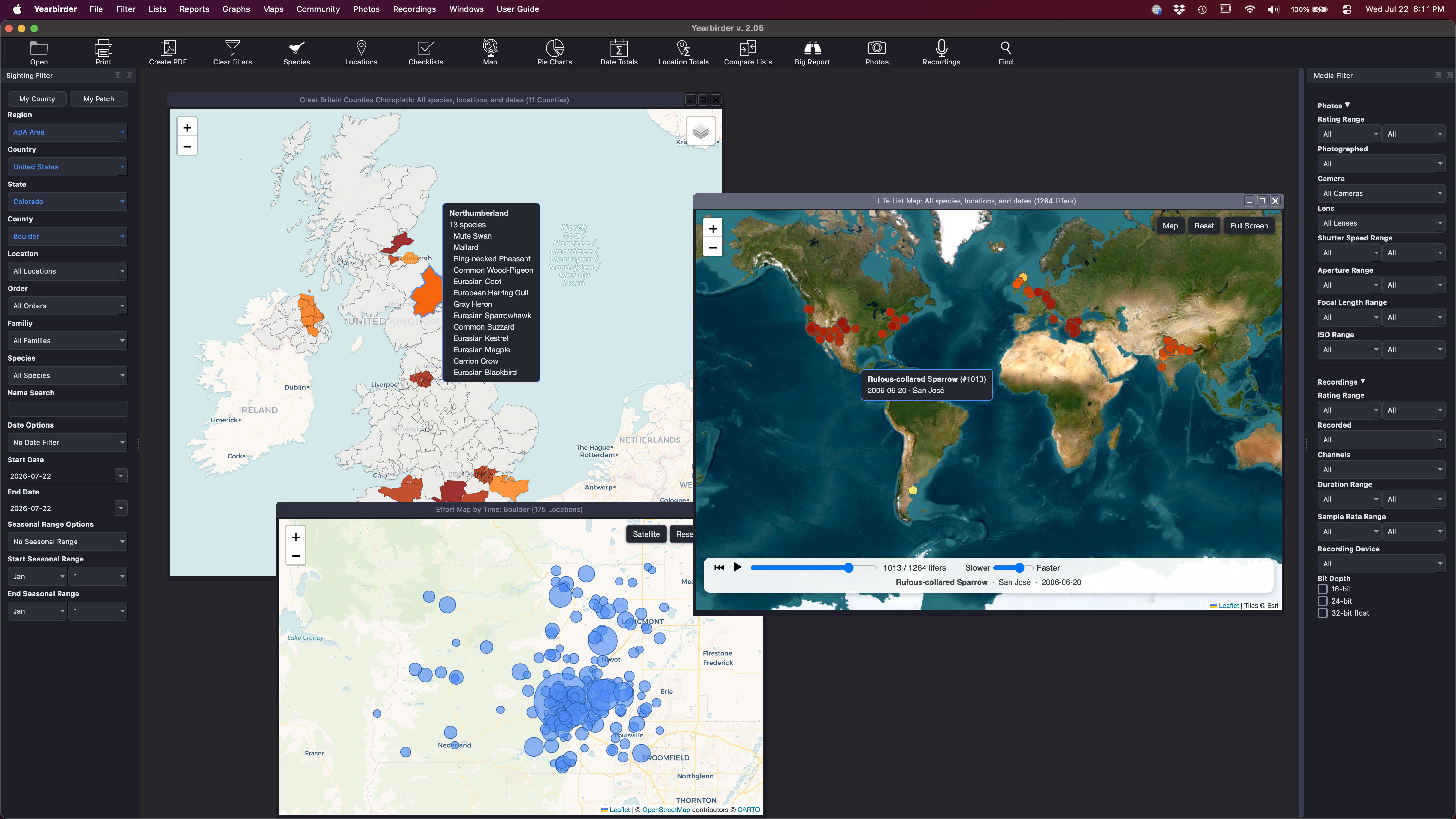 Yearbirder interactive maps: life list map, choropleth, and bubble map
