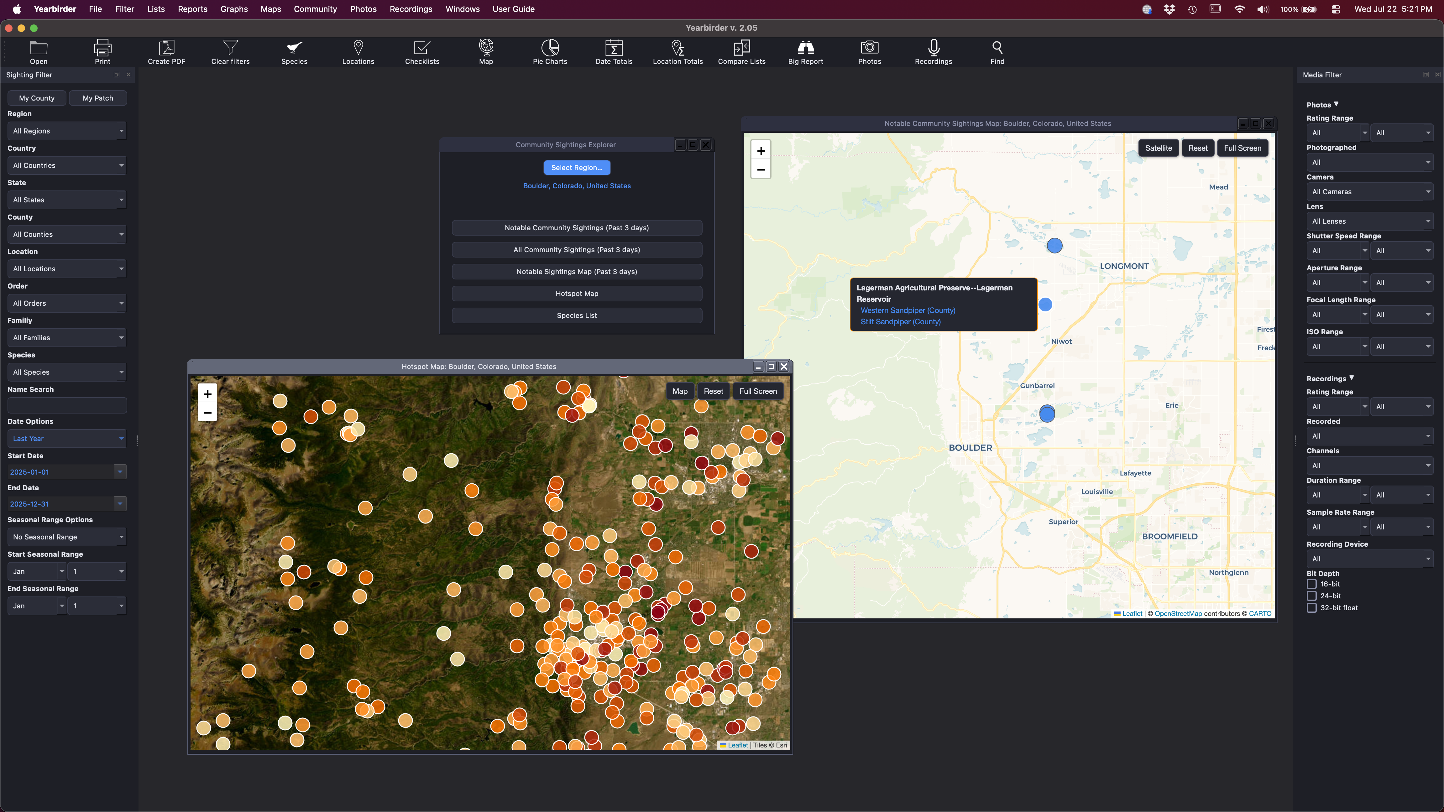 Yearbirder community sightings map with color-coded pins