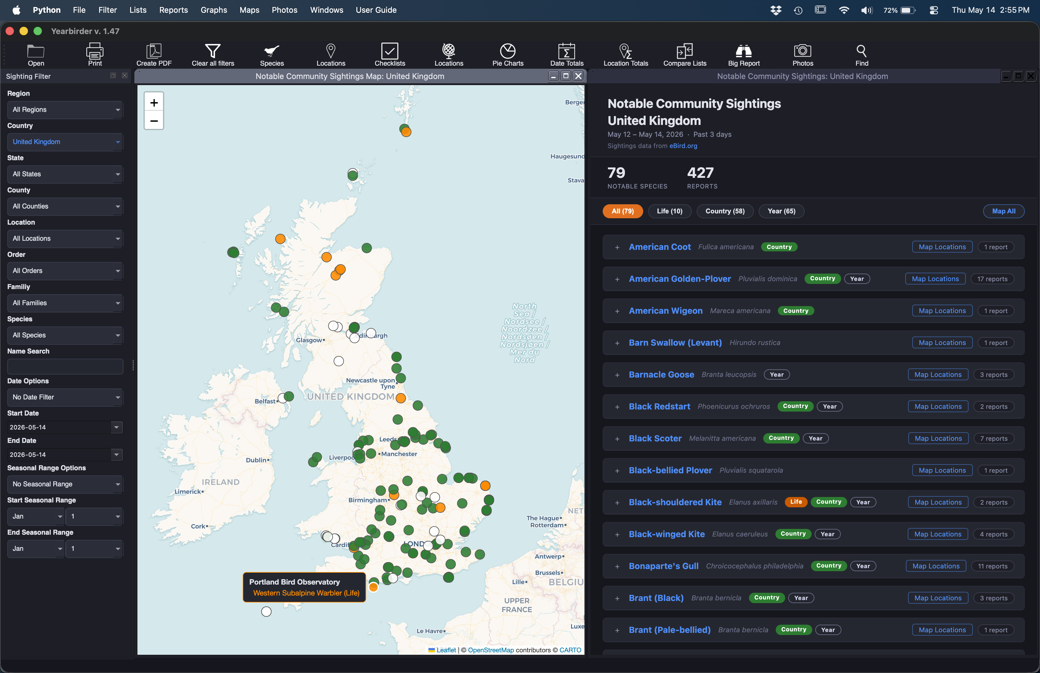Yearbirder Community Sightings: notable sightings report with badge bubbles and expandable checklists