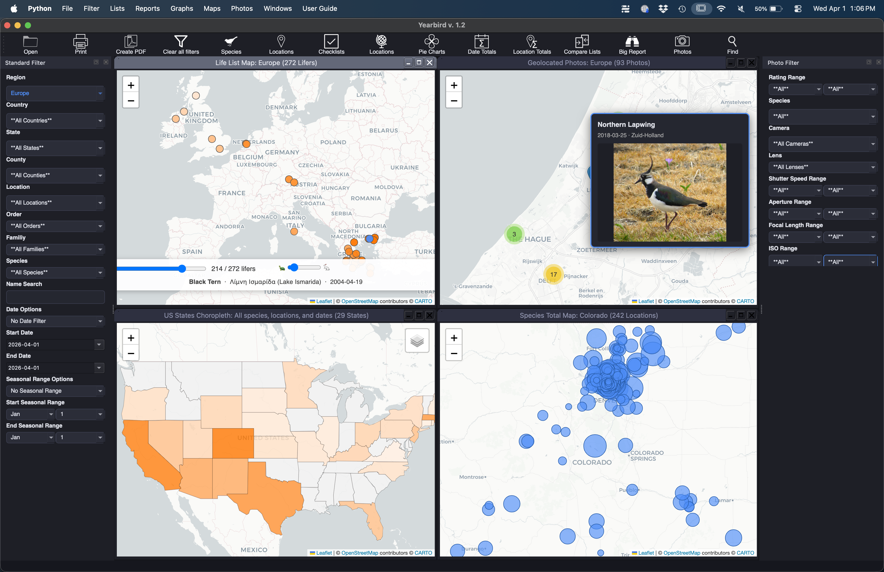 Yearbirder maps: life list map, animated lifer map, choropleth, and bubble map