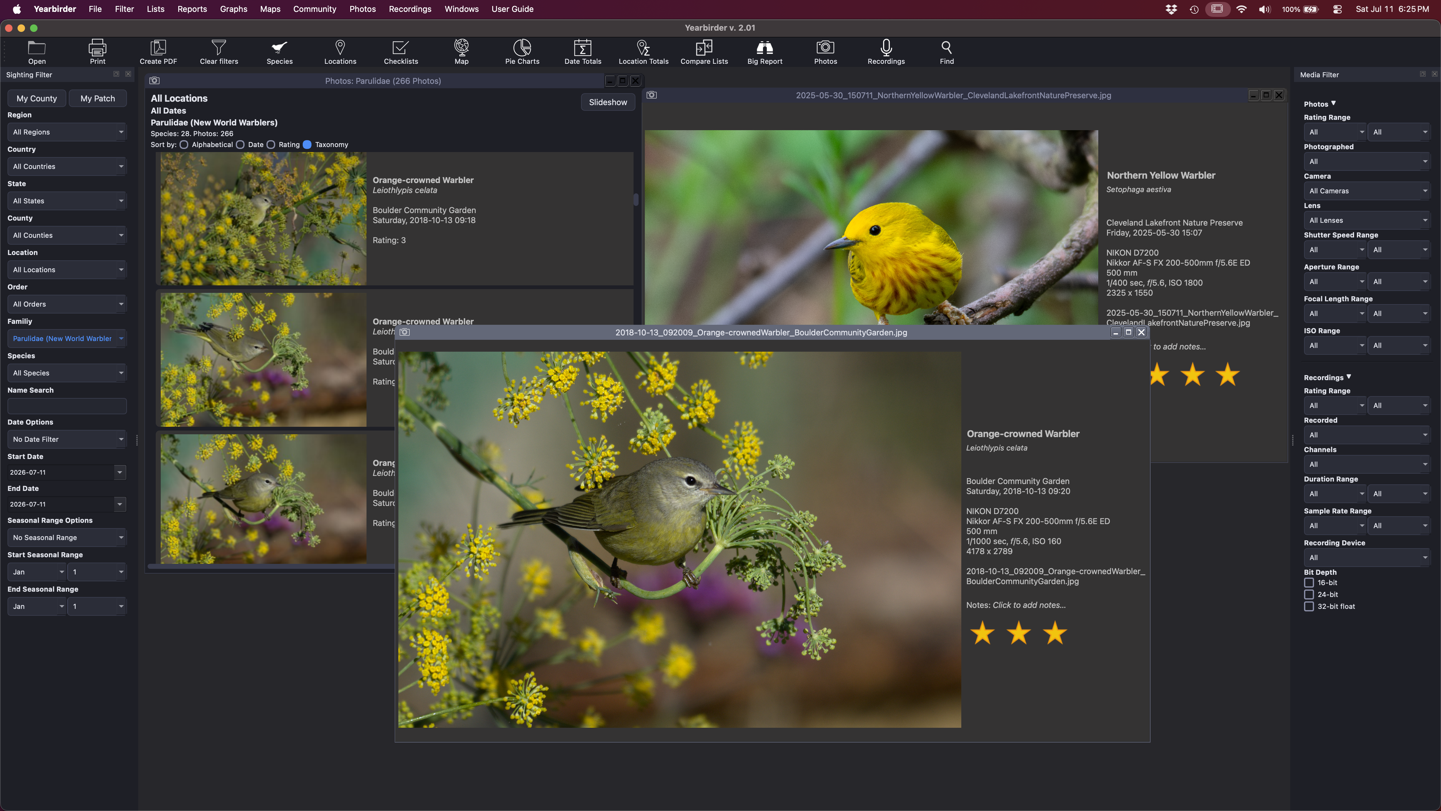 Yearbirder Photos browser showing a grid of rated bird photo thumbnails