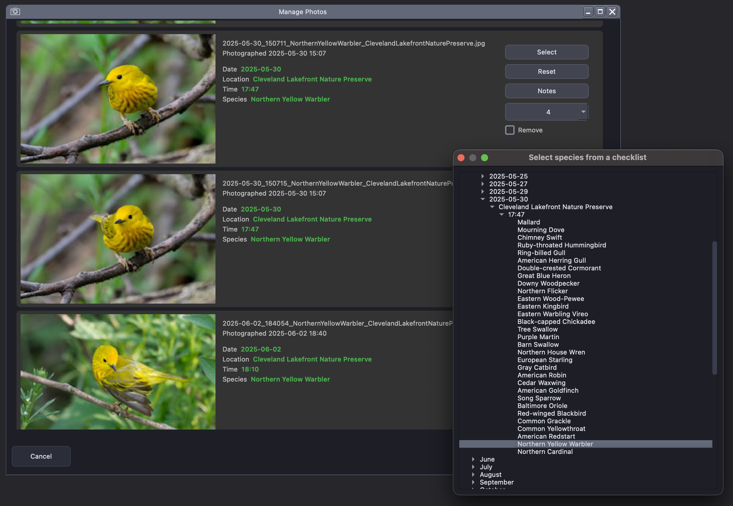 Yearbirder Add Photos screen matching photos to checklists and species