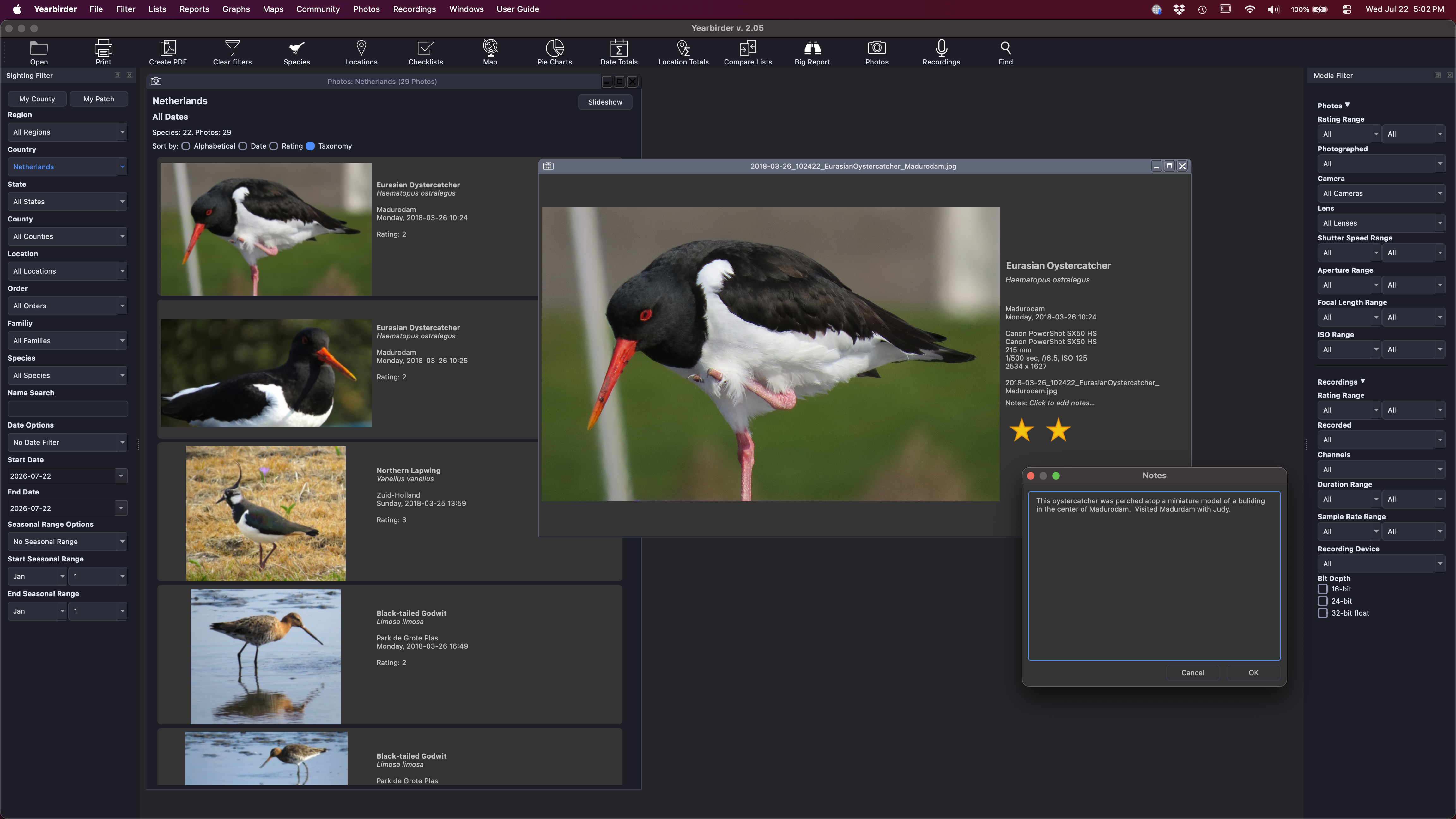 Yearbirder photo enlargement view with details pane