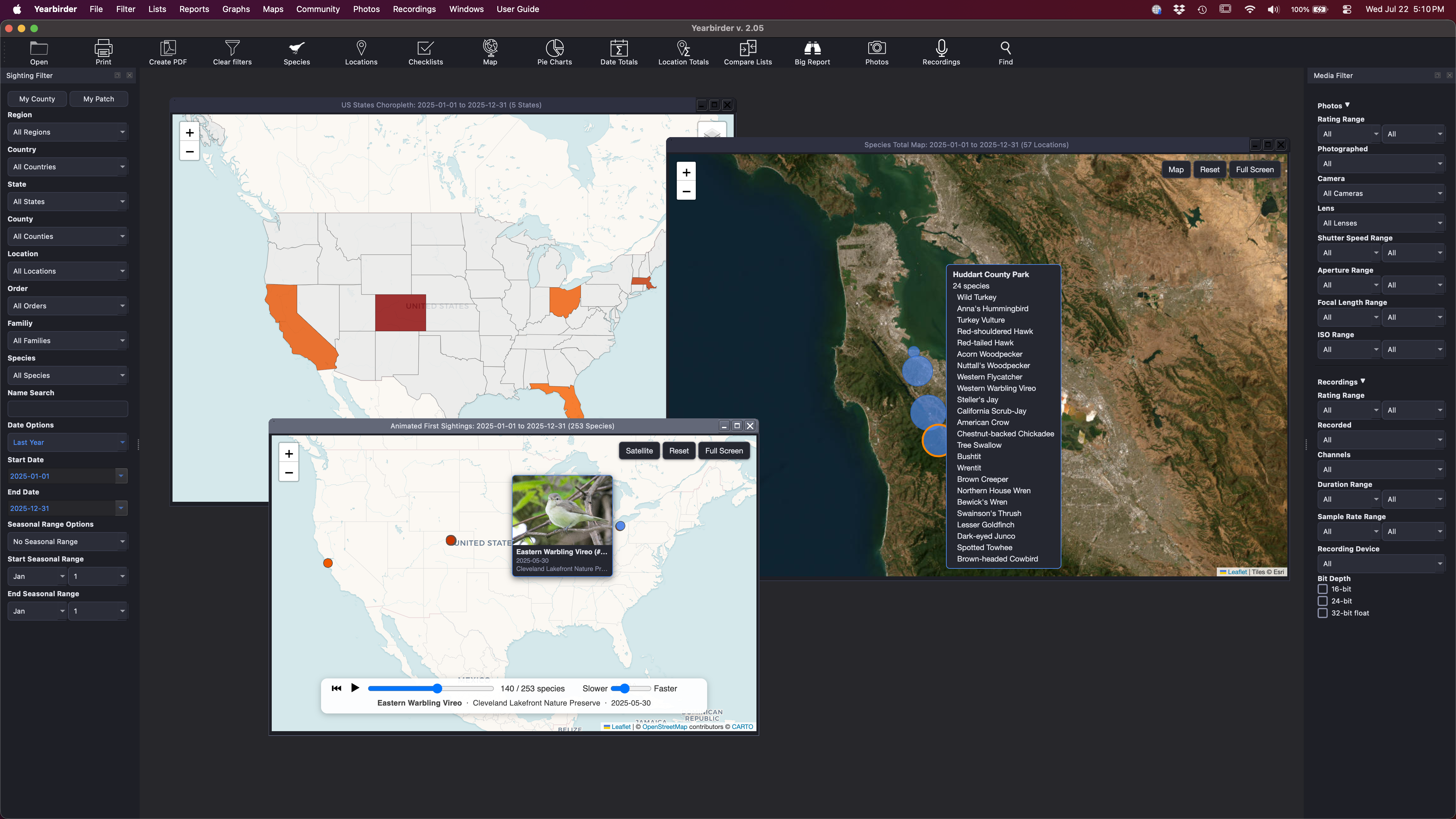 Yearbirder geolocated photos map with thumbnail preview pins