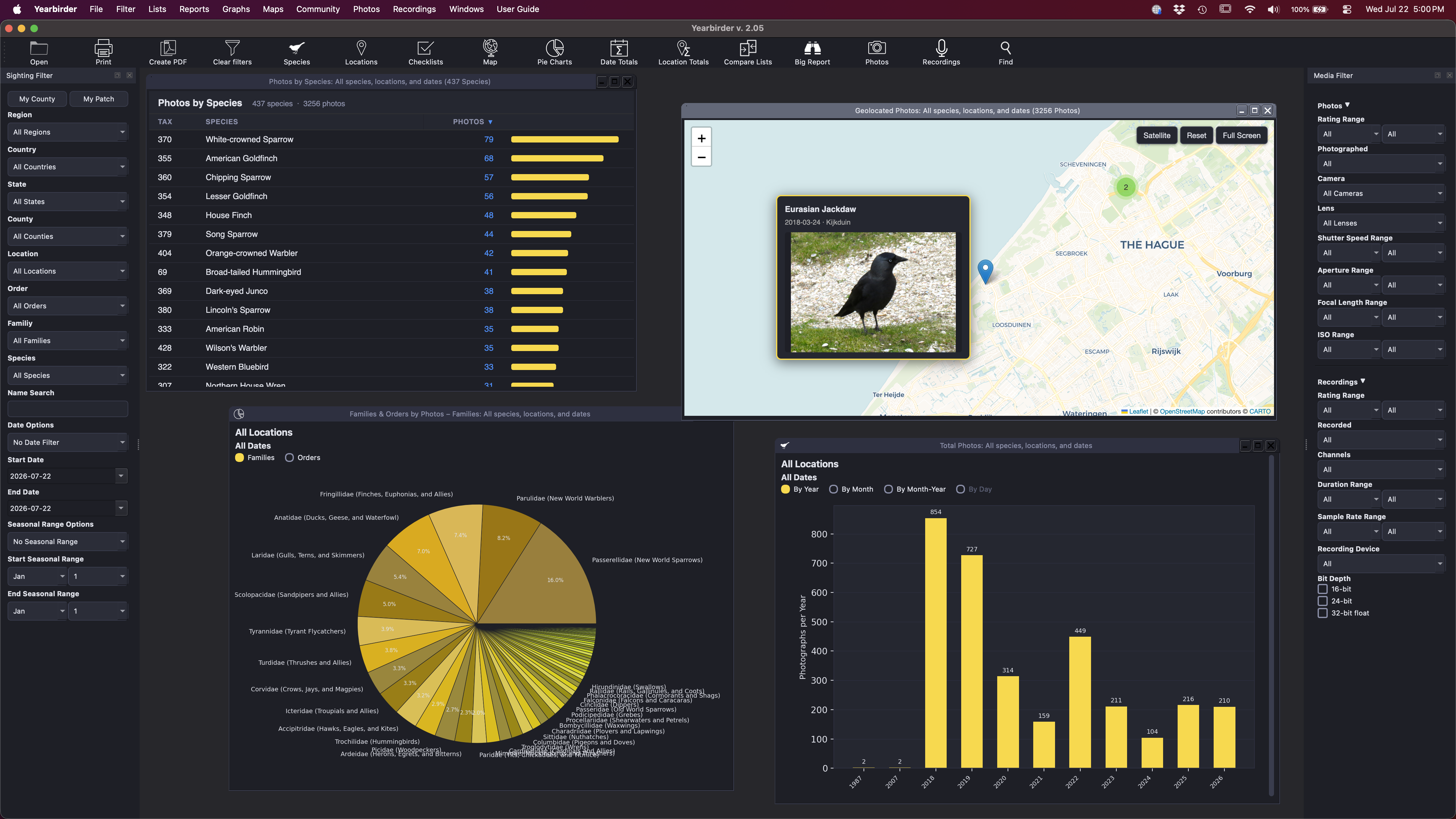 Yearbirder photo charts showing totals and year-to-date pace
