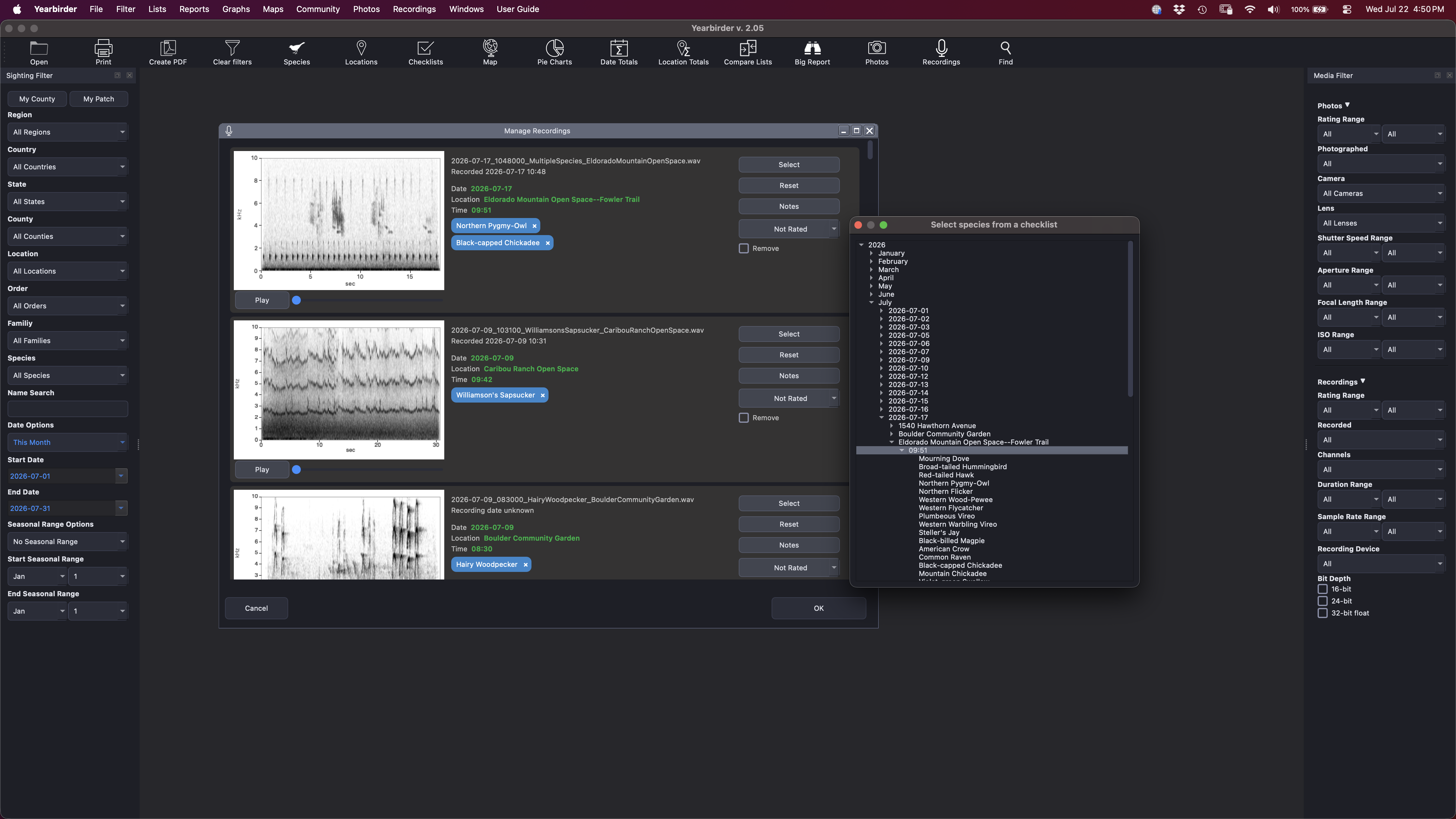Yearbirder Add Recordings screen matching WAV files to checklists and species