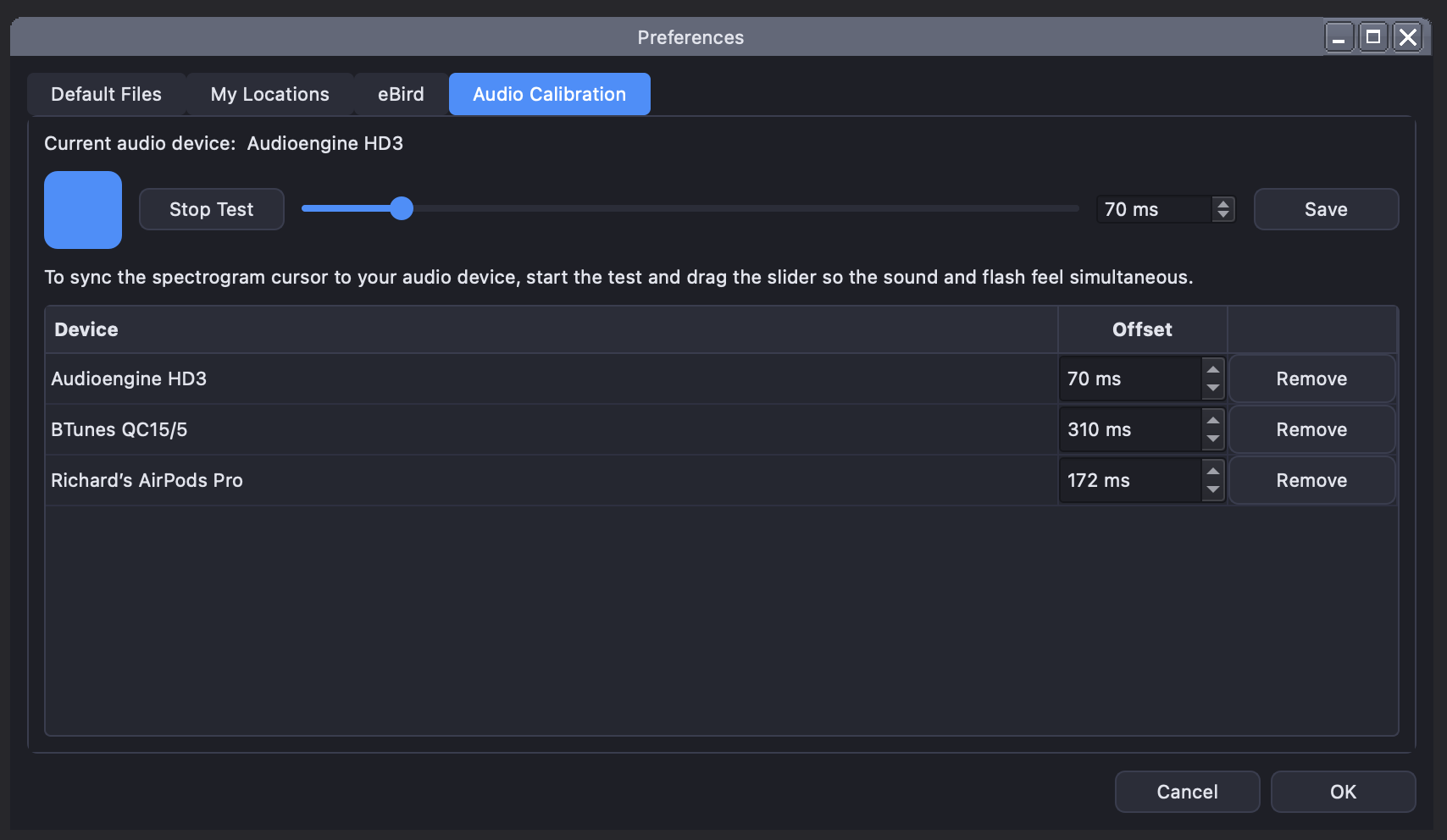 Yearbirder audio sync calibration screen