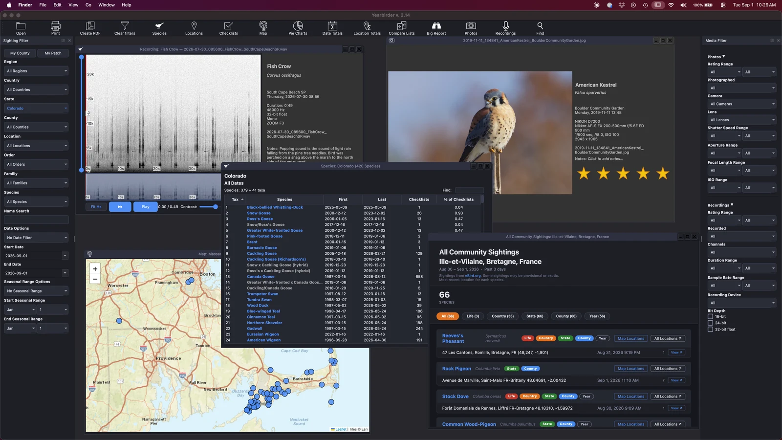 The Yearbirder desktop app, showing several report, chart, and map windows open at once